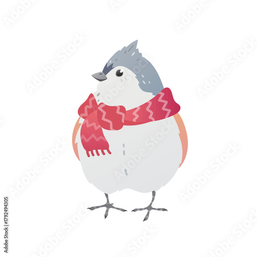 Adorable titmouse in a red winter scarf. Little bird character. Cozy season illustration in soft flat style. Perfect for Christmas cards, children’s books, seasonal posters, and holiday designs.