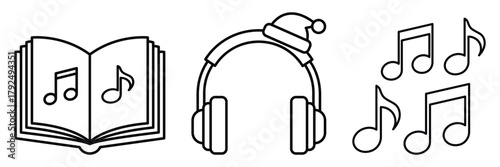 Line art illustration of an open music book with notes, headphones wearing a santa hat, and floating musical notes for festive audio concept. Vector