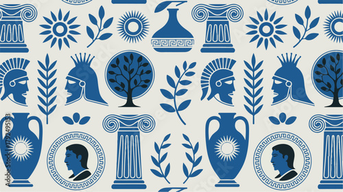 A seamless pattern design in royal blue and white featuring ancient Greek and Roman motifs arranged in a repeating horizontal layout.  