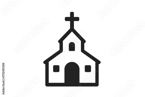 Stylized black glyph of a church building or chapel with a cross on the roof