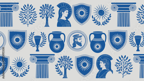 A seamless pattern design in royal blue and white featuring ancient Greek and Roman motifs arranged in a repeating horizontal layout.  