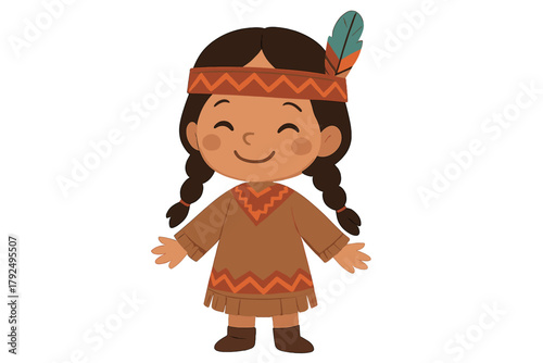 Cartoon girl wearing traditional inspired dress with braids and feather headband