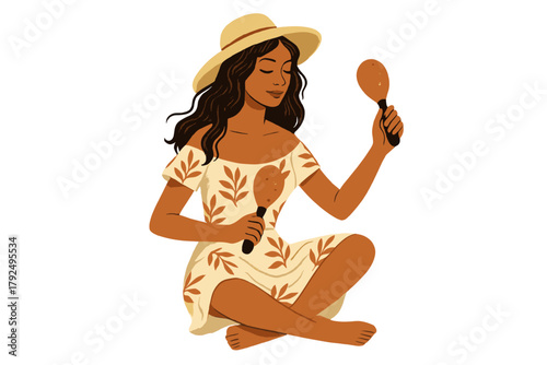 Stylish woman sitting cross-legged and playing musical maracas in a summer outfit