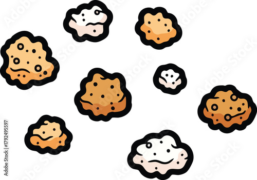 Scattered abstract shapes with cartoonish texture in beige and white against a plain white background