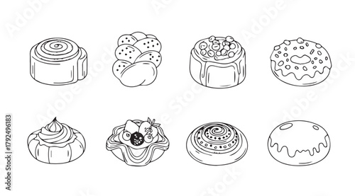 Collection of eight illustrated sweet pastry and dessert silhouettes silhouette