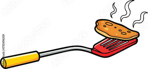 Hot Pancake Cooking On A Spatula With Steam Rising Against A White Background