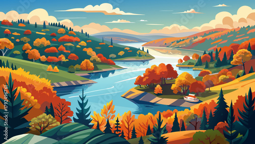 Very beautiful autumn adventures at Lake of the Ozarks, Missouri, featuring vibrant fall foliage, rolling hills, sparkling lake waters, and outdoor recreational activities, capturing the scenic beauty