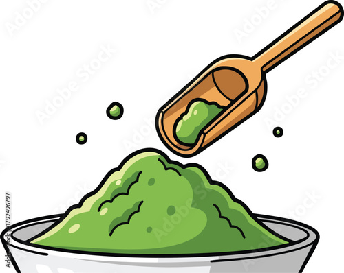 Green Powder With Wooden Scoop Isolated On White Background Vibrant Color