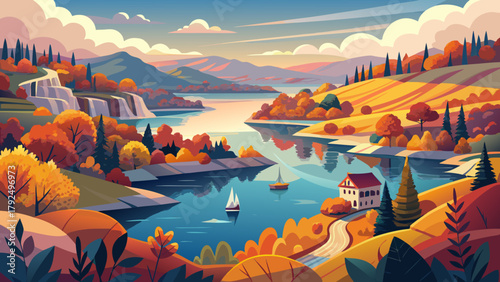 Very beautiful autumn adventures at Lake of the Ozarks, Missouri, featuring vibrant fall foliage, rolling hills, sparkling lake waters, and outdoor recreational activities, capturing the scenic beauty