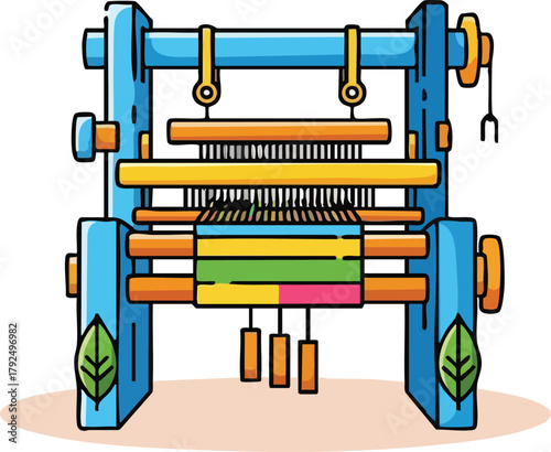 Blue and Yellow Cartoon Weaving Loom Machine With Colorful Threads And Green Leaves On Base
