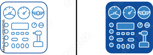 Aircraft Panel: A detailed illustration of an aircraft instrument panel, showcasing an array of gauges, dials, and controls essential for flight navigation and system monitoring.
