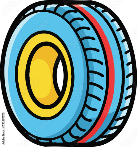 Blue Tire With Yellow Rim And Red Stripe Isolated On White Background