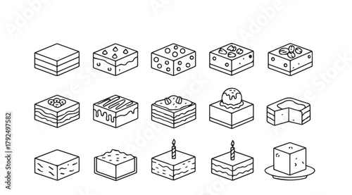 Collection of isometric dessert cakes and pastries in a clean line art silhouette style
