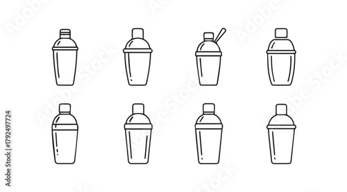 Collection of eight stylized cocktail shaker silhouettes in a row silhouette