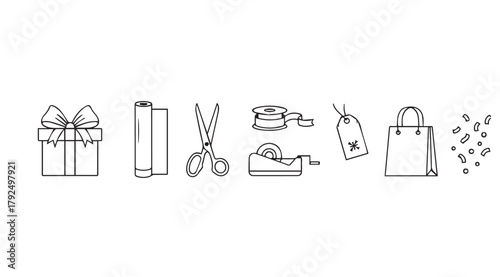 Collection of simple line art icons for gift wrapping and presents silhouette