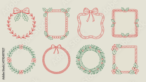 A set of 7 decorative Christmas-themed frames arranged horizontally on a cream-colored background.  (2)_traced