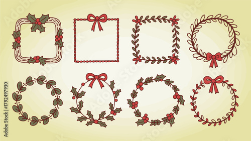 A set of 7 decorative Christmas-themed frames arranged horizontally on a cream-colored background.  (1)_traced