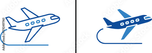 Flight Ascent:  An illustration of a jet plane in two different styles. Depicting a takeoff, it's a symbolic illustration of travel and aviation. 