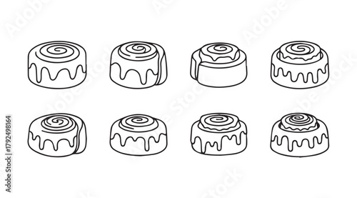 Collection of eight delicious cinnamon roll silhouettes with icing drizzle