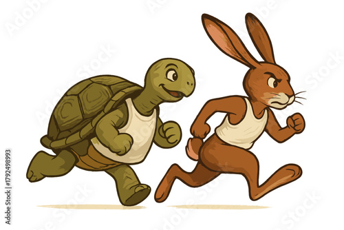 Cartoon tortoise and hare running a race wearing athletic tank tops