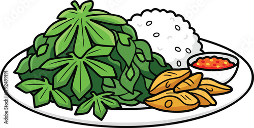 Pixel art plate of food featuring green leaves rice and a small bowl of sauce