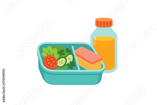 Healthy packed lunch in a divided container with salad, sandwich, cucumber, tomato, and orange drink
