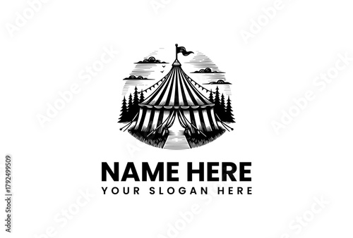 Retro big top circus tent in a pine forest circle, vintage festival amusement park vector logo illustration