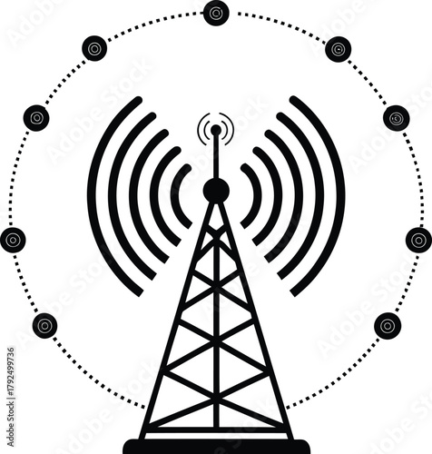 Illustration of a transmission tower emitting waves surrounded by connected nodes in a circular pattern