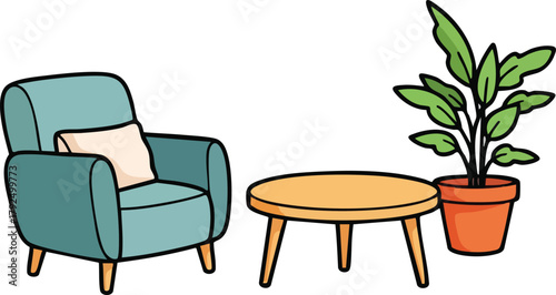 Teal Armchair With Cream Cushion Beside A Round Wooden Coffee Table And A Potted Green Plant On White Background