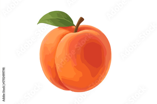 Detailed ripe peach fruit with green leaf and brown stem on a clean white background