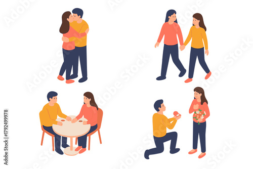 Romantic couple relationship moments including kissing, dating, walking, and marriage proposal