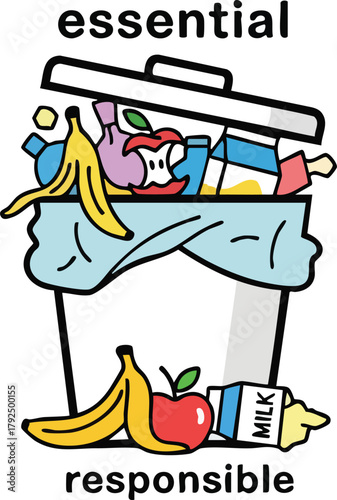 Overflowing trash can with food scraps and plastic bottles overflowing onto the ground