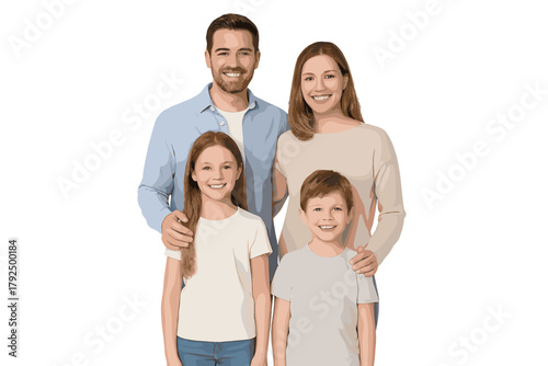 Happy young family portrait standing together and smiling against a white background