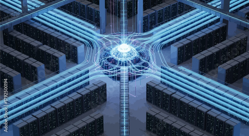 Cyber Hub: Depicting a futuristic server room, an intricate network of data streams flows into a central hub. Illustrating a vibrant vision of modern technological advancement