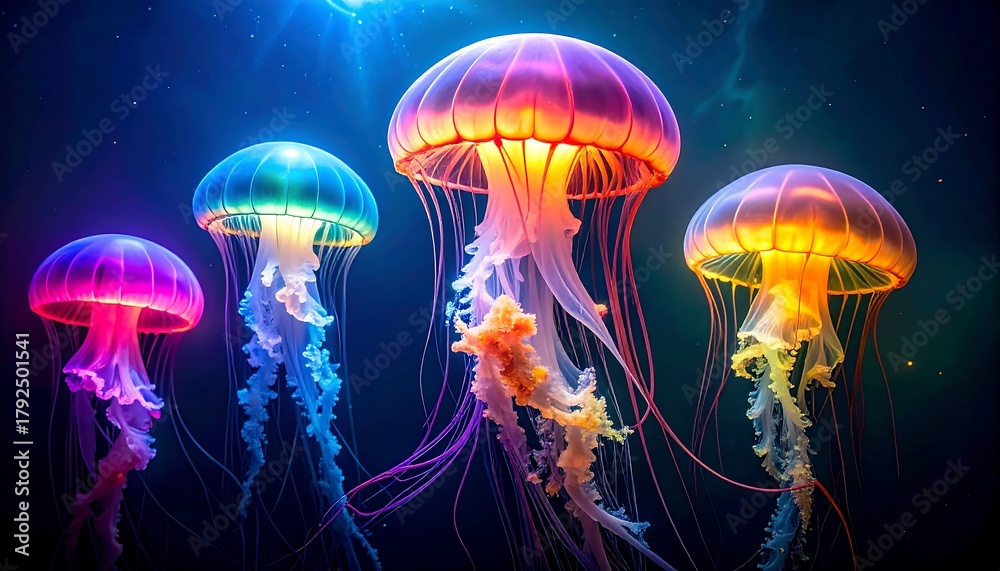 Fototapeta premium Bioluminescent jellyfish floating gracefully in dark blue ocean water with rays of sunlight