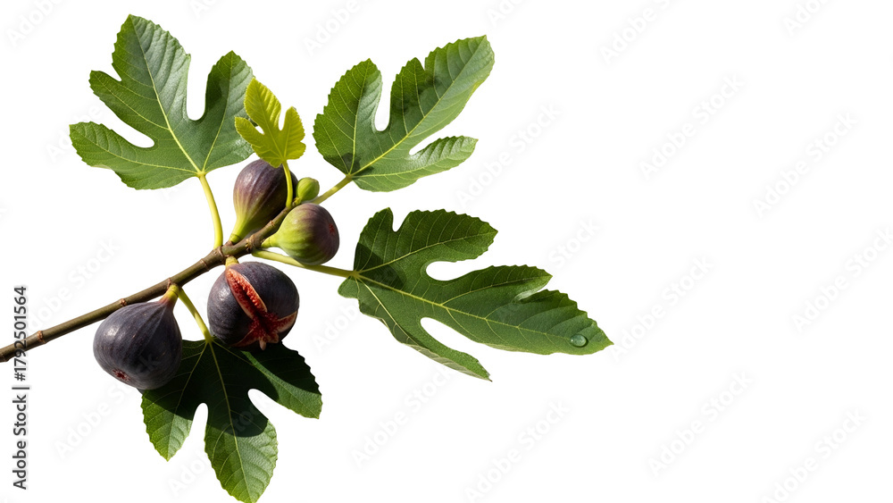 Fototapeta premium Close Up of Fig Branch with Ripe Fruits and Green Leaves on Transparent Background