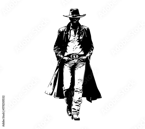 a silhouette of a man in a long coat and hat, walking confidentlybelt, black, cape, cloak, coat, cowboy, cowboy hat, fedora, gun, hat, man, sun hat, trench coat, walk, wear 