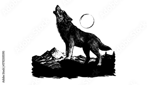 Foto a black and white drawing of a wolf howling at the moon with mountains in the ba