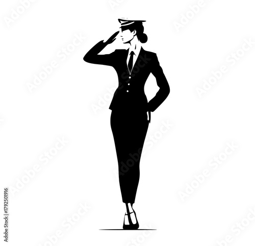 a silhouette of a female air force pilot salutingblack, business suit, dress, gun, hat, illustration, pilot, profile, salute, stand, sun hat, uniform, wear, woman 
