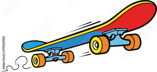 A Blue and Red Skateboard in Motion on a White Background With Speed Lines