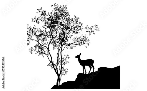 a silhouette of a deer standing on a rocky hillside next to a treeanimal, black, deer, hill, hillside, profile, stand, stone, tree 