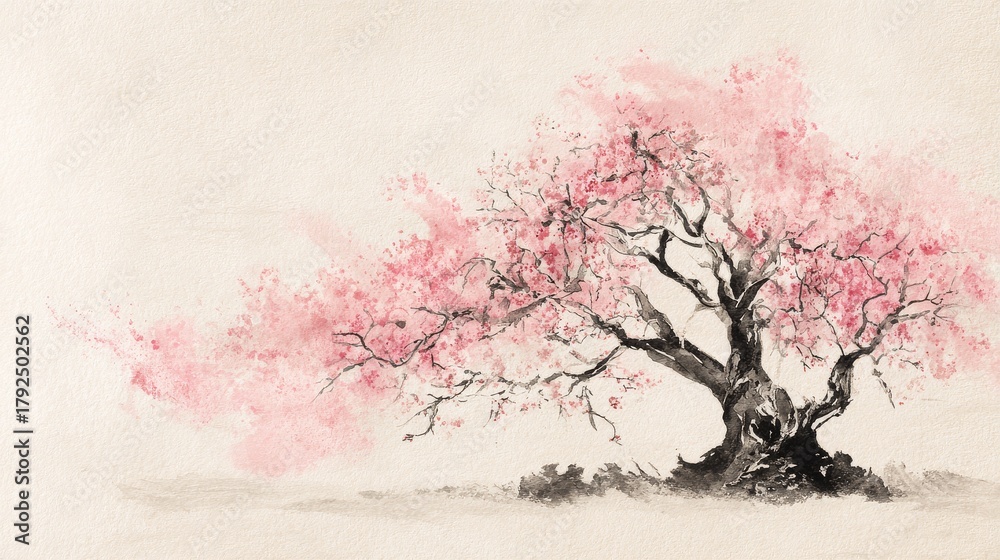Obraz premium Sumi-e style cherry blossom tree with delicate ink outlines and soft pink brushstrokes artistic scene