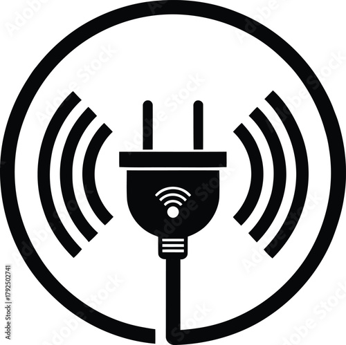 Illustration of a black electric plug with wifi symbol inside a black circle and signal waves around it