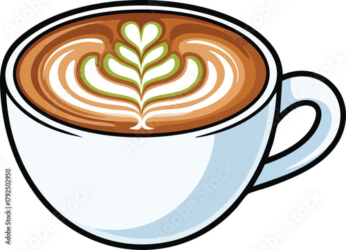 Latte art on a coffee with green and white foam in a white cup and saucer