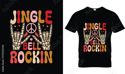 Jingle Bell Rockin Christmas Shirt – Retro Skeleton Hand Rock Sign Tee, Funny Xmas Music Lover Holiday Graphic, Vintage Peace Sign Rock & Roll Christmas Party T-Shirt