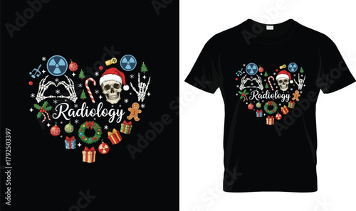 Radiology Christmas X-Ray Tech Shirt – Funny Skeleton Skull Santa Radiologic Technologist Holiday Tee, Cute Rad Tech Xmas Lights Ornaments Gift for Medical Workers, RT Radiographer Christmas Top