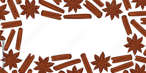 Decorative border frame with cinnamon stick and star anise spices on white background. Background for cooking and seasonal design theme.