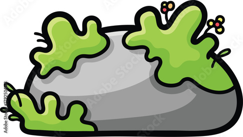 Cartoon Gray Rock Covered in Bright Green Moss and Tiny Yellow Flowers