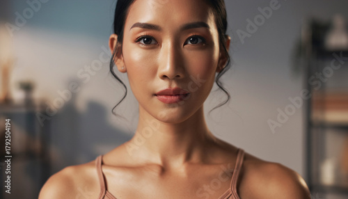 Portrait of a beautiful Asian woman with elegant hair, looking directly at the camera with a serene expression.