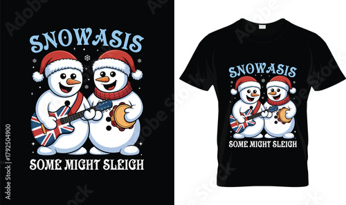 Snowasis Some Might Sleigh Christmas T-Shirt – Funny Snowman Band Parody Tee, Holiday Music Lover Gift, Cute Snowmen with Guitar & Tambourine, Festive Xmas Humor Shirt for Fans & Musicians